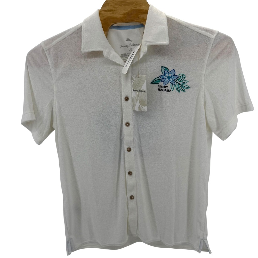 Tommy Bahama Men White Terry Cloth Toucan Embroidered Button Down Large NWT